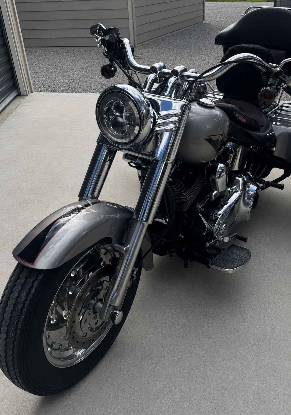 Custom Harley trike front end at the Joker Customs workshop